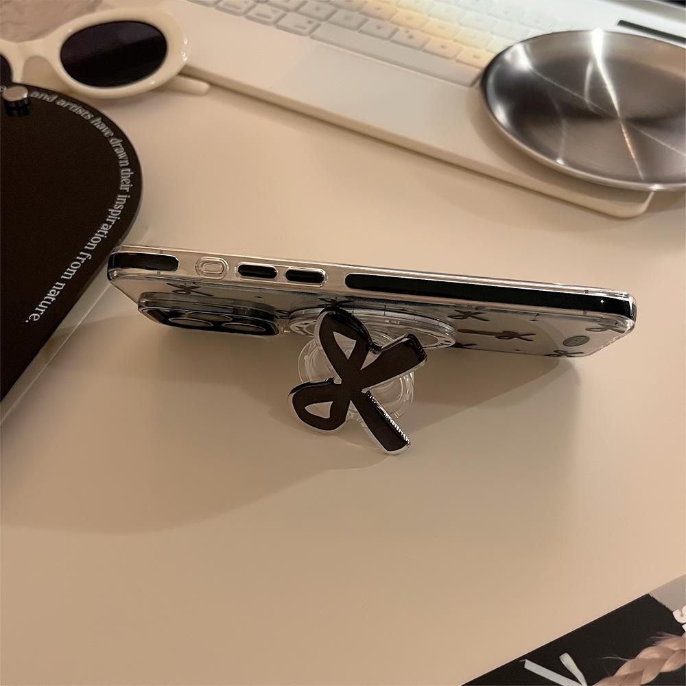 Black Bow Magnetic Suction Case 15Promax Transparent IPhone Case 14 Suitable for 13 Advanced 12 Bracket 16