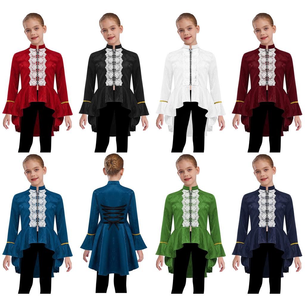 Girls Medieval Renaissance Costume Long Sleeves Lace Flounce Jacket Victorian Tailcoat Pirate Gothic Steampunk Outfit