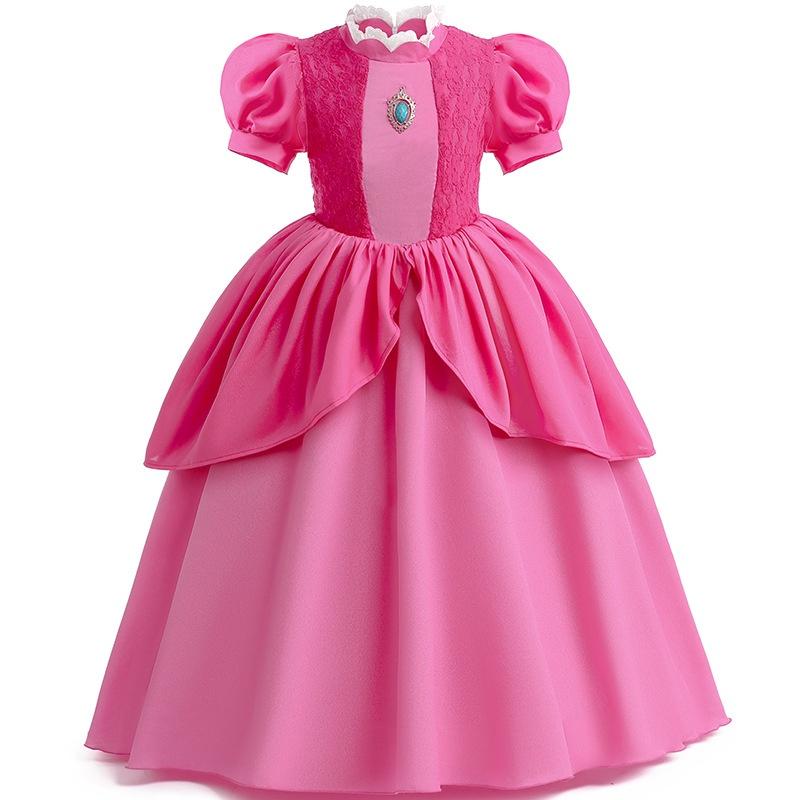 Super Mario Pink Princess Peach Dress For Girls Halloween Christmas Costume Lace,100cm/39.37in