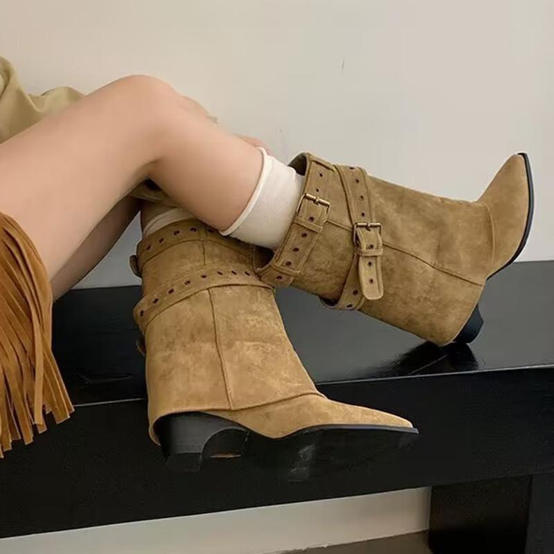 Fashion Punk Belt Buckle Pointed Toe Mid Calf Boots Women Fashion Thick Heel Wide Leg Pants Boots Woman Autumn Winter Pu Leather Botas