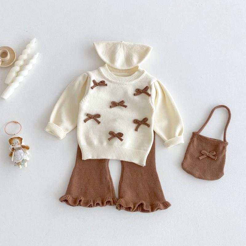 Baby Girl 3-Piece Set Cute Bow Round Neck Top Flared Pants Outfit Toddler Girls