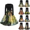 Women's Vintage Halloween Witch Print Long Sleeve Round Neck Dress for Party Evening Wear