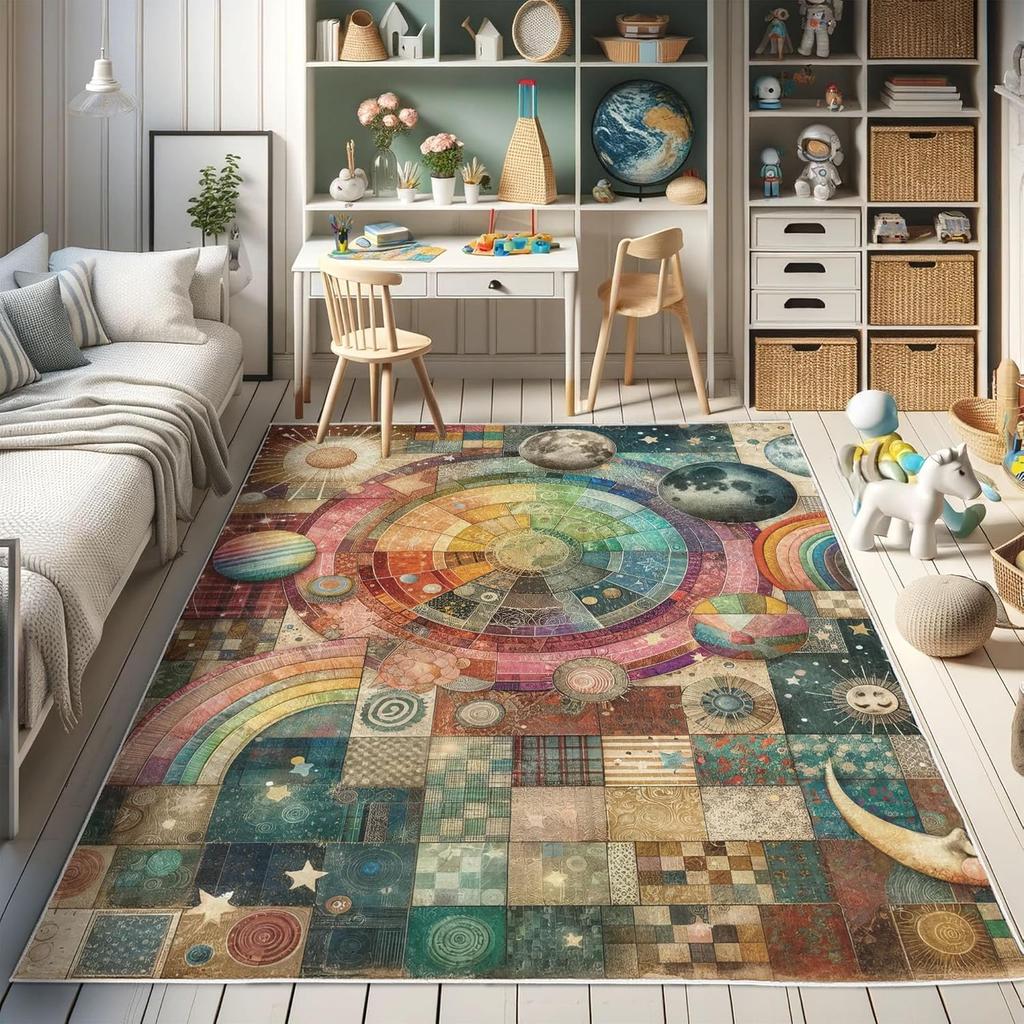 Dinosaur Decorative Rug,Jurassic Scenario Cartoon Animals in Wilderness Cloudy Sunrise Back, Quality Carpet for Bedroom Dorm and