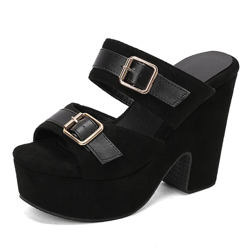 Thick High Heels Women's Slippers Platform Summer Mules Shoes Ladies Sandals Sexy Green Pink Heeled Party Shoes Large Size 43