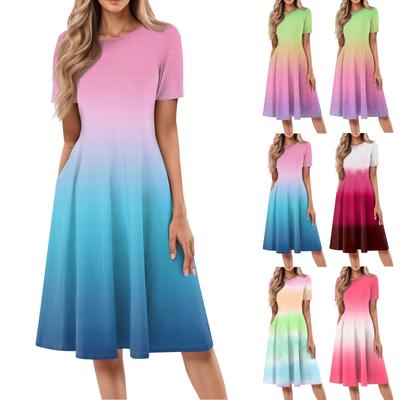 Lässiges, modisches Kleid mit Rundhalsausschnitt, kurzen Ärmeln und Farbverlauf in mittlerer Länge für Damen