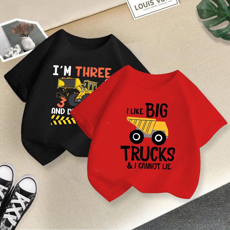 2025 Children Cute Excavator T-Shirt Combination Cartoons Bulldozer Tee Shirts Kawaii Kid Casual Clothes Girl Boy Harajuku Tops