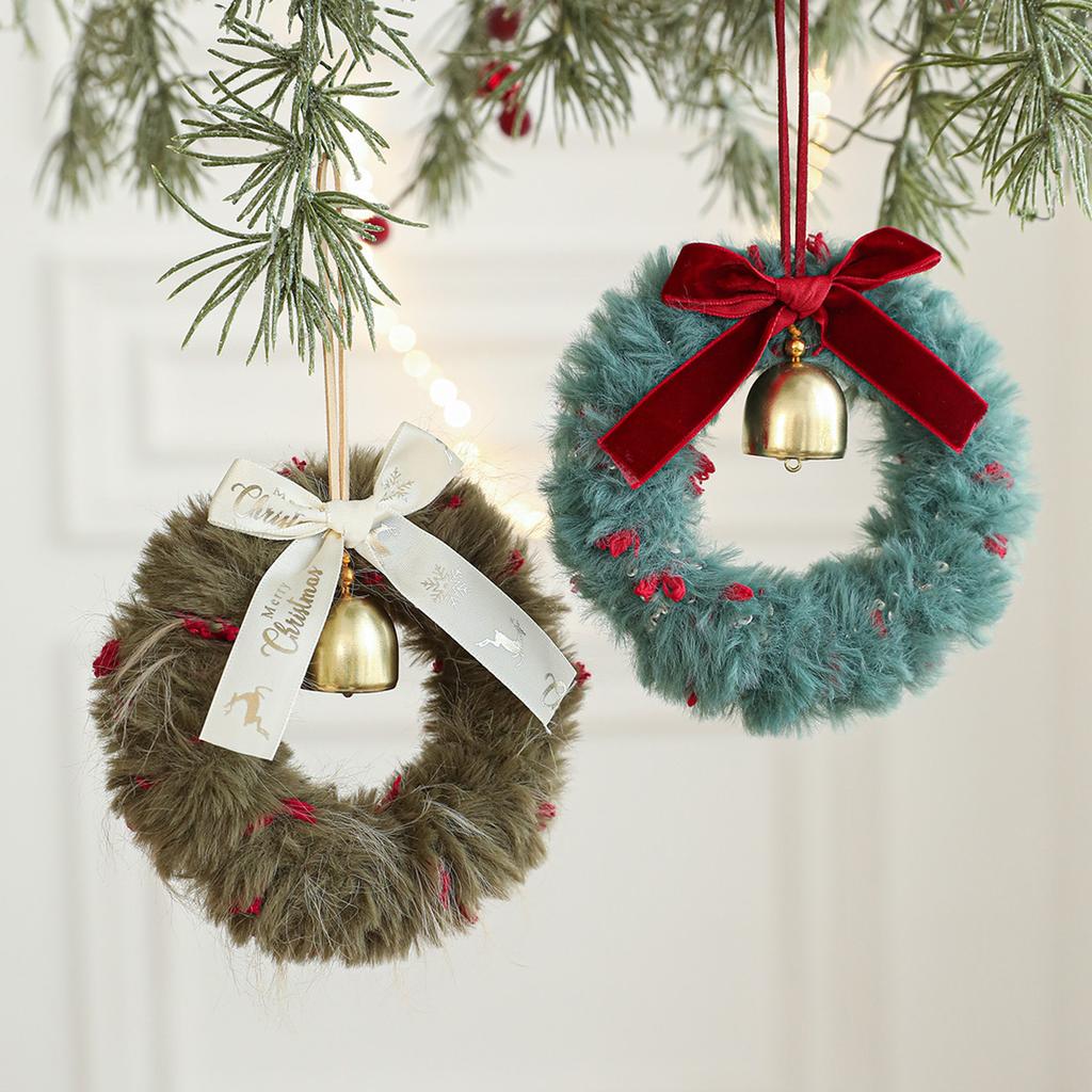 Plush Christmas Atmosphere Wreath Pendant Ribbon Bow Bell Christmas Decoration Hanging Window Decoration Accessories