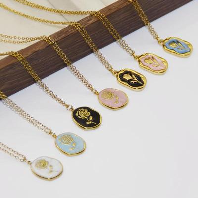 Elegant Titanium Steel Rose Pendant Necklace - Women's Retro Light Luxury Clavicle Design with Exquisite Drip Oil Details.