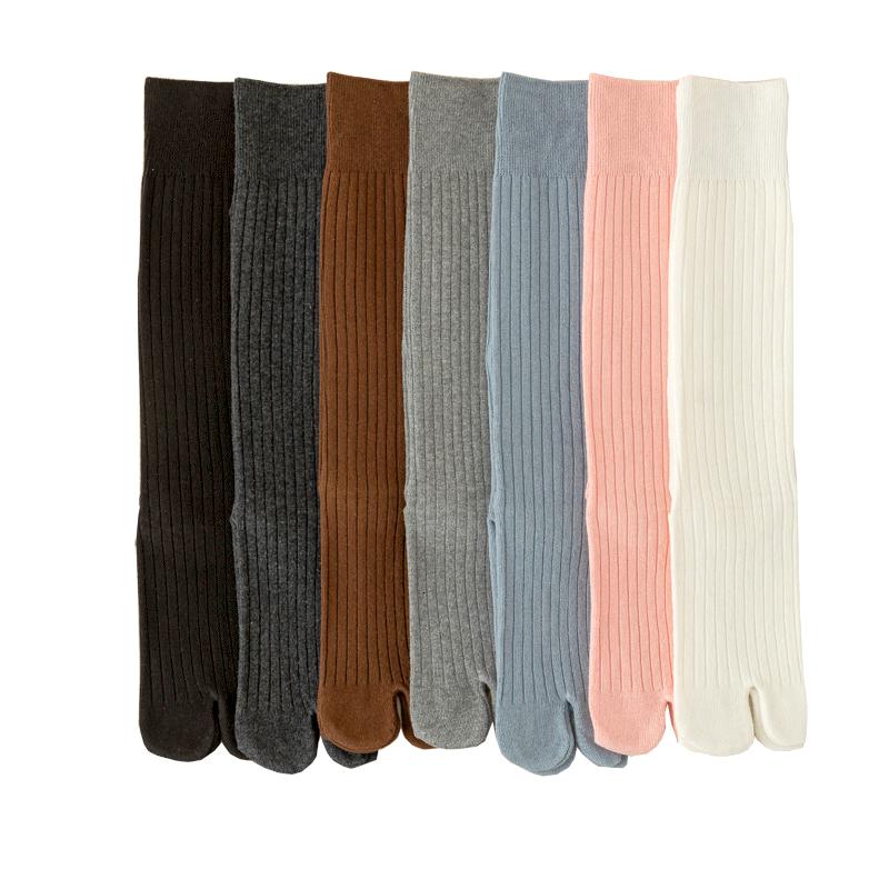 1Pair Vertical Bar Sweat Absorption Knitted Anti Friction Two Finger Socks Personality Cotton Medium Length Tube Split Toe Socks