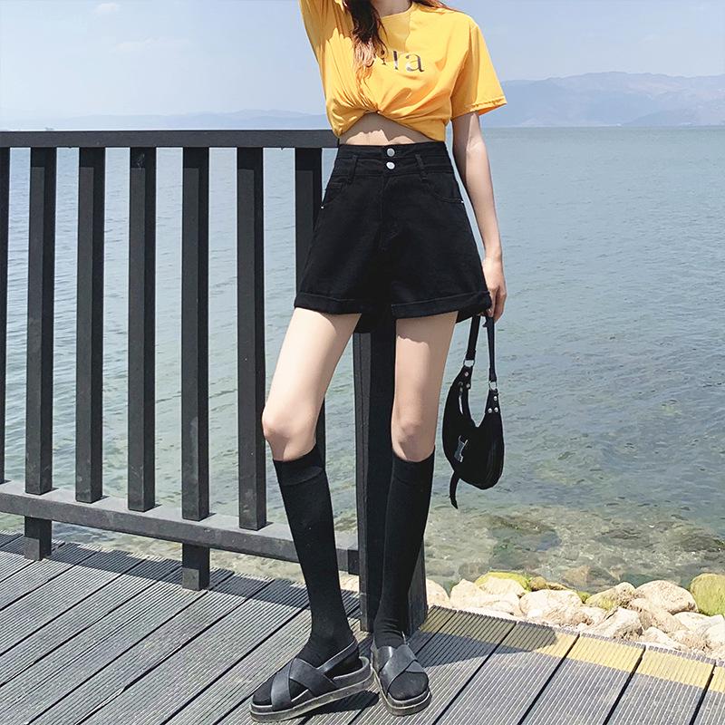 Women's High-Waist A-Line Denim Shorts - Summer 2021 Fashion, Loose Fit, Rolled Hem, Slimming Hot Pants