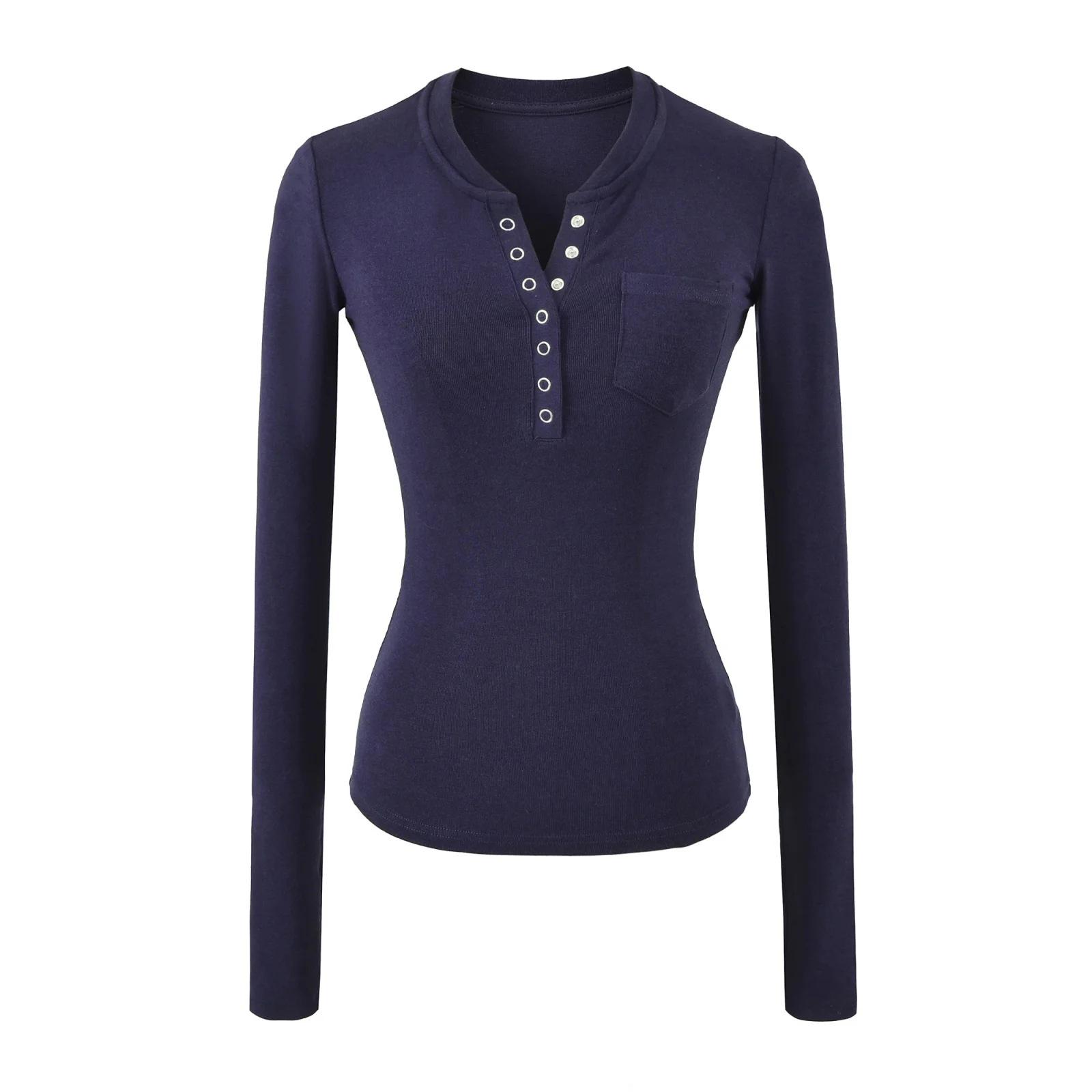 Женская американская остромодная облегающая футболка-henley с длинным рукавом - Универсальная базовая футболка, 2025 Small
