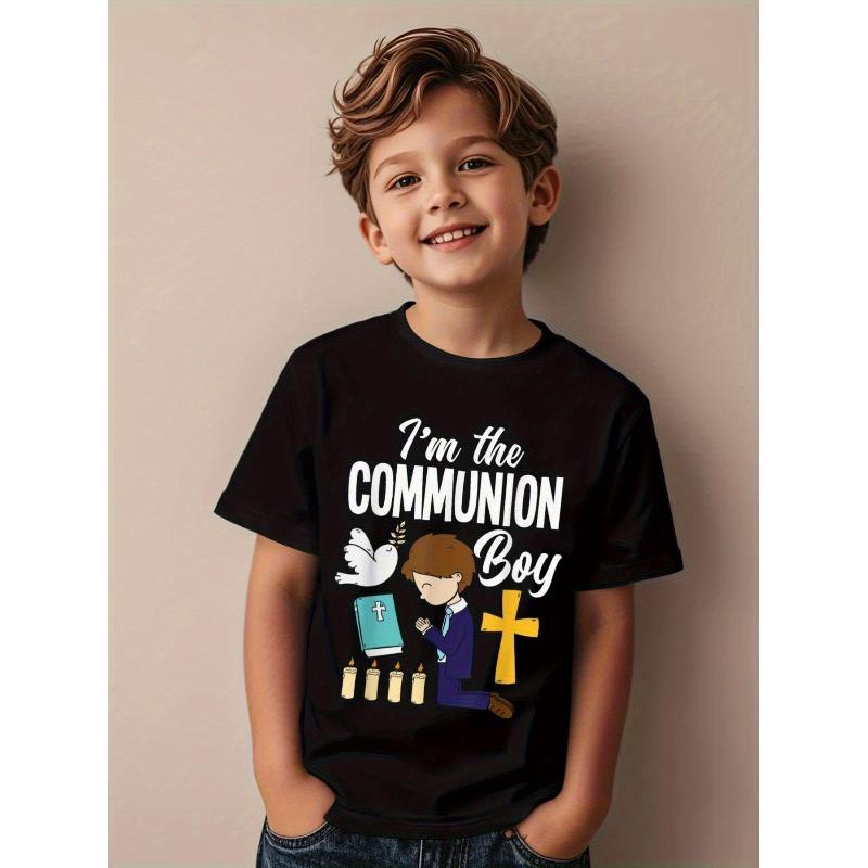 

European sizes Holy Communion Boys Graphic T-Shirt- White Short-Sleeve Casual Top with Cross and Candle Design 98cm чёрный