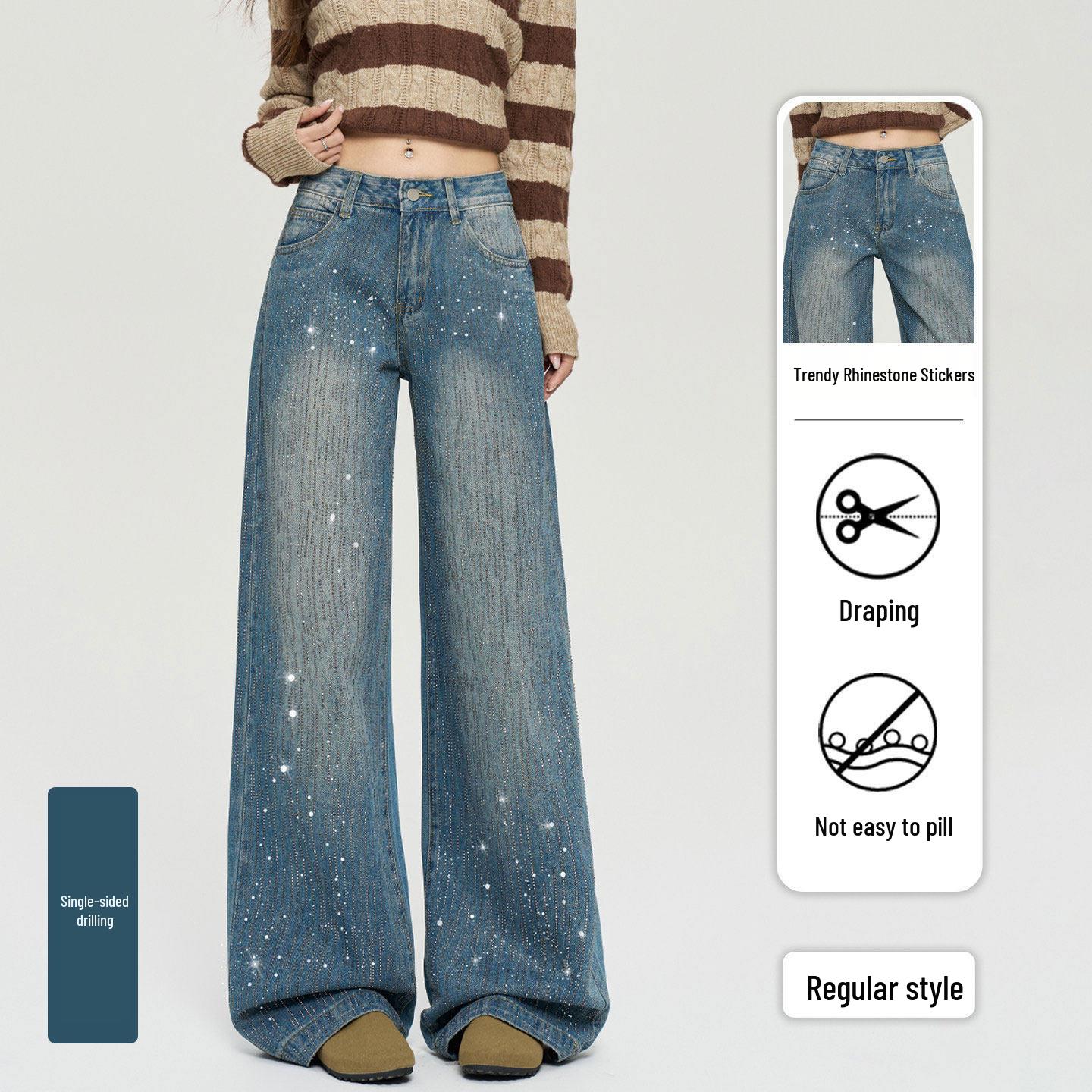 

Джинсы с широкими штанинами и стразами Звездное сияние для женщин - Новинка Весна 2026, Стройнящие прямые брюки со стразами L, 109-118 lbs