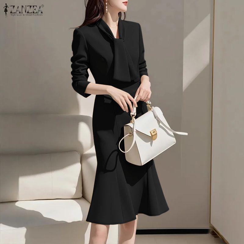 ZANZEA Women Elegant Casual Round Neck Long Sleeve Dress
