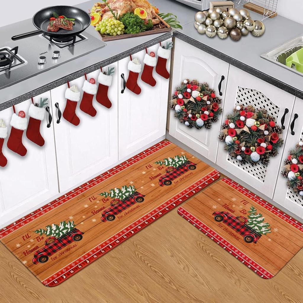2pcs Christmas Dirt-resistant Floor Mat Household Kitchen Water and Oil Absorption Two-piece Set Foot Mat Entrance Door Mat