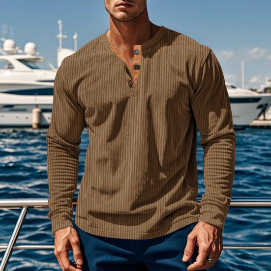 Men Long Sleeve T-Shirt Corduroy Solid Color Spring And Autumn T-Shirt Casual Henry Collar Slim Fit Tee for Daily Wear Travel Office