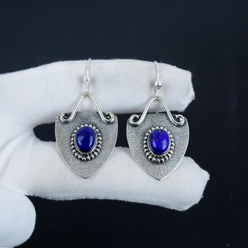Natural Lapis Lazuli Gemstone Hoop Earrings, 925 Sterling Silver Earring, Handmade Boho Silver Jewelry Dangle Earrings, Wadding Gift