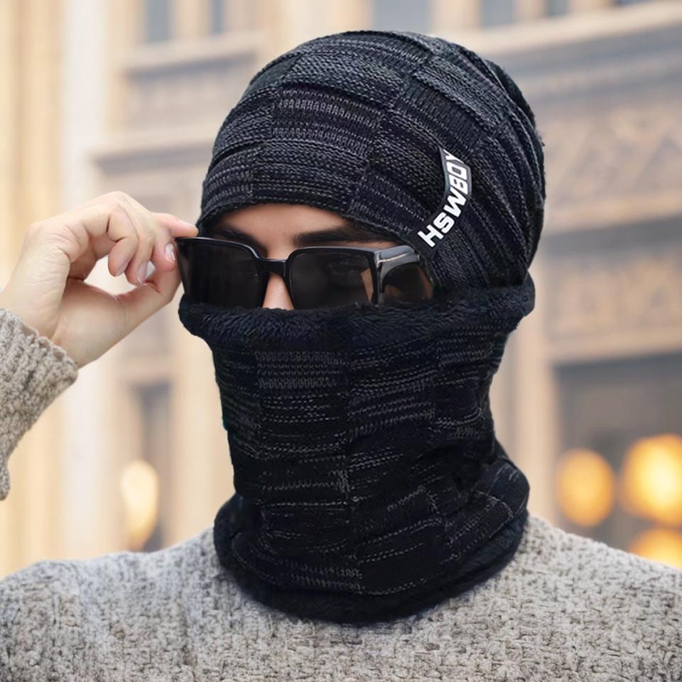 Loogdeel Neck Warmer Wool Lining Thick Warm Windproof Beanies Balaclava Outdoor Skullies Bonnet Winter Fleece Lined Knitted Hat