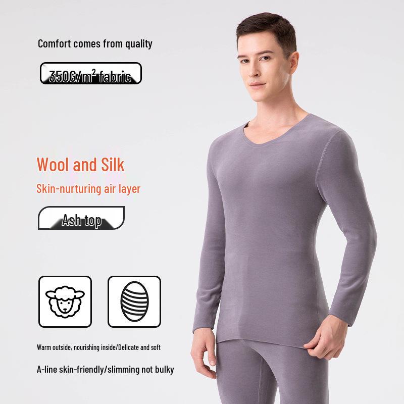Men's Wool-Silk-Acrylic Seamless Fleece-Lined Warm Underwear Set
