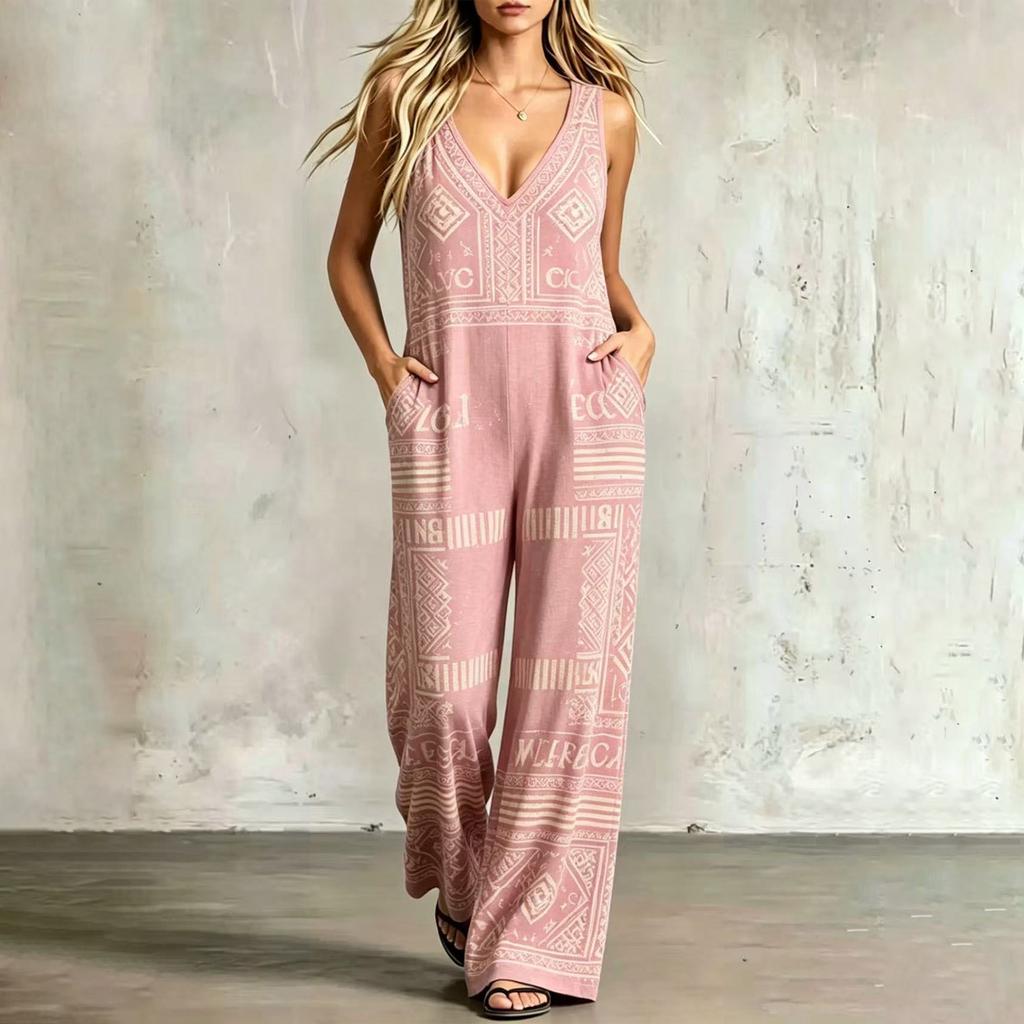 Boho Print Ärmelloser Jumpsuit Weiter Bein Lockerer Sitz Einteiler Romper Sommerlich Lässig Strandmode