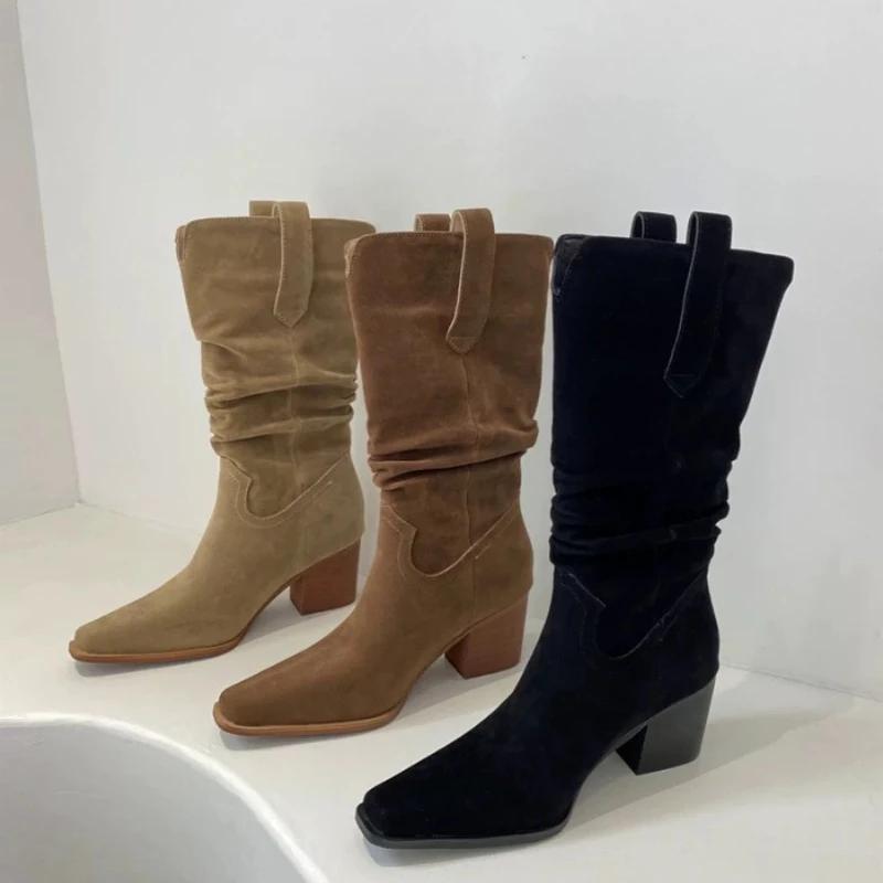 Women's Boots 2024 Classic New Pointed Toe Women's Mid Calf Boots Solid Simple Suede Platform Boots Botas Altas Plataforma Mujer