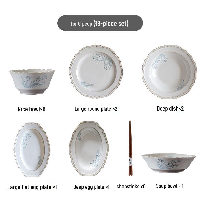 French Retro Lily of the Valley Tableware Set: Ceramic Dinner Plates, Rice Bowls, Steamed Fish Plates, and Household Dish Set.