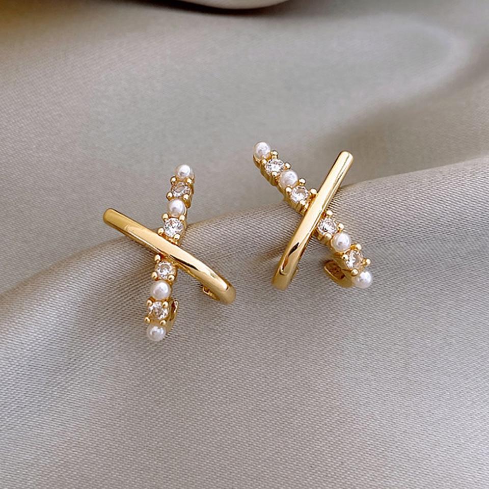 

Yupsk Fashion Small Cross X-shape Zircon Pearl Earrings for Women Statement Unusual Accessories Luxury Wedding Party Jewelry