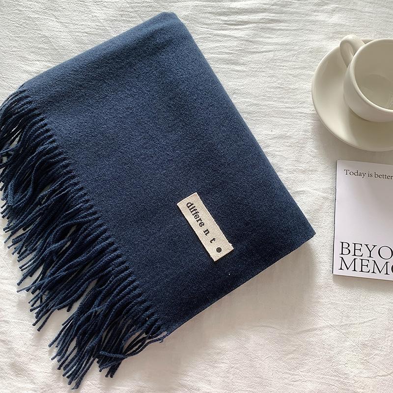 Flowing Fringe, Color-blocked, Simple Design, Faux Cashmere-like Scarf, Winter-thick, Cape-style, Student-friendly, Solid Color.