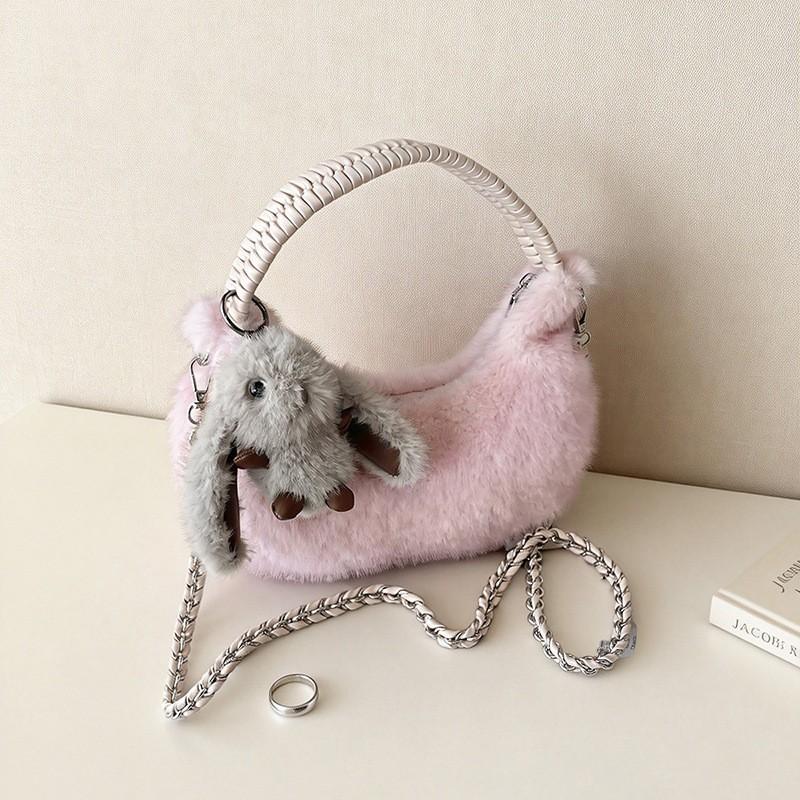 Cute Plush Shoulder Bag Women Soft Faux Fur Crossbody With Zip Card Pocket Urban Minimalist Style
