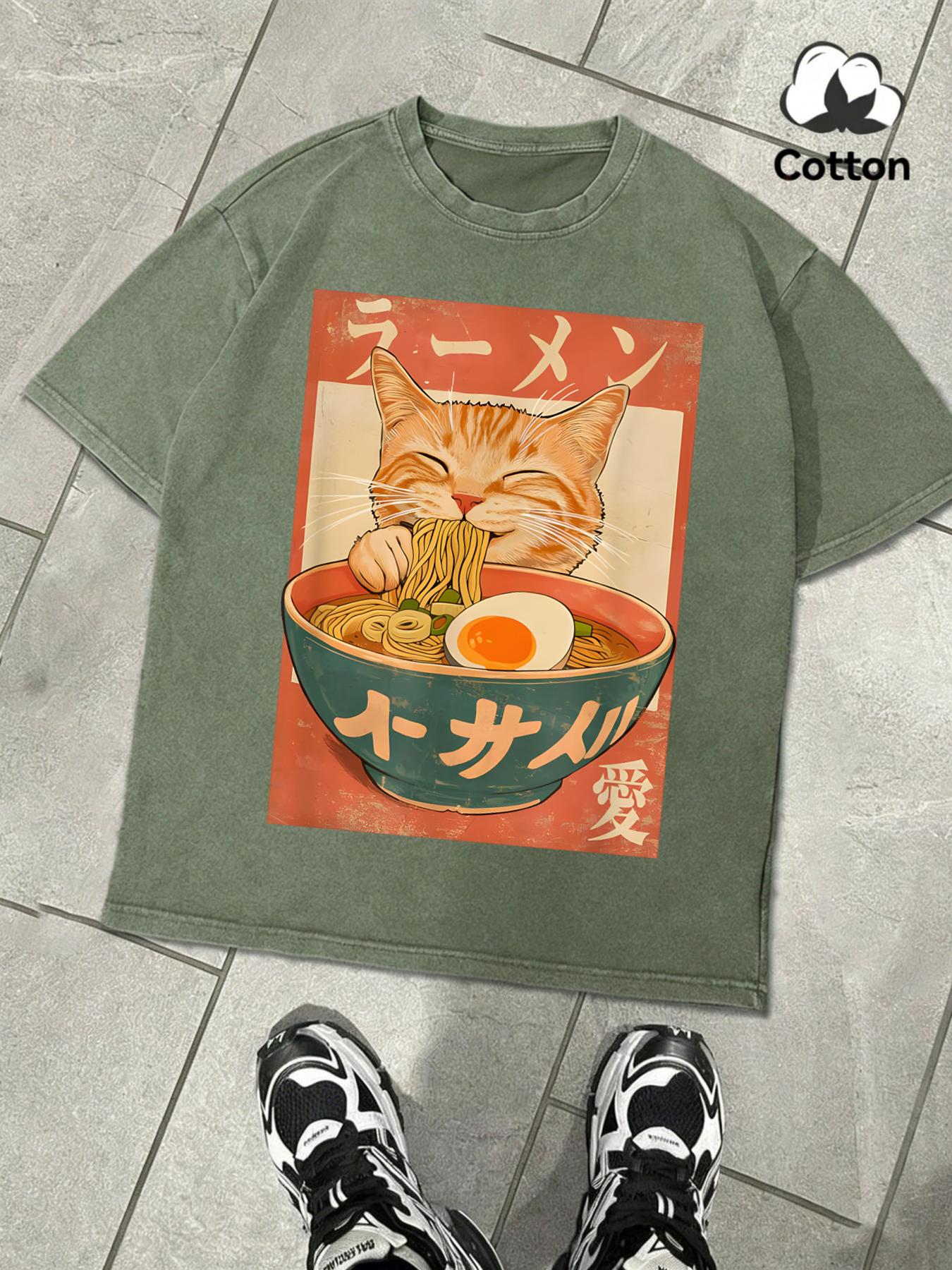 

Eating Noodles Will Make Cats Happy Washed Man TShirt Summer Loose Fashion TShirts Soft Cotton Clothing Unisex Retro Tee S