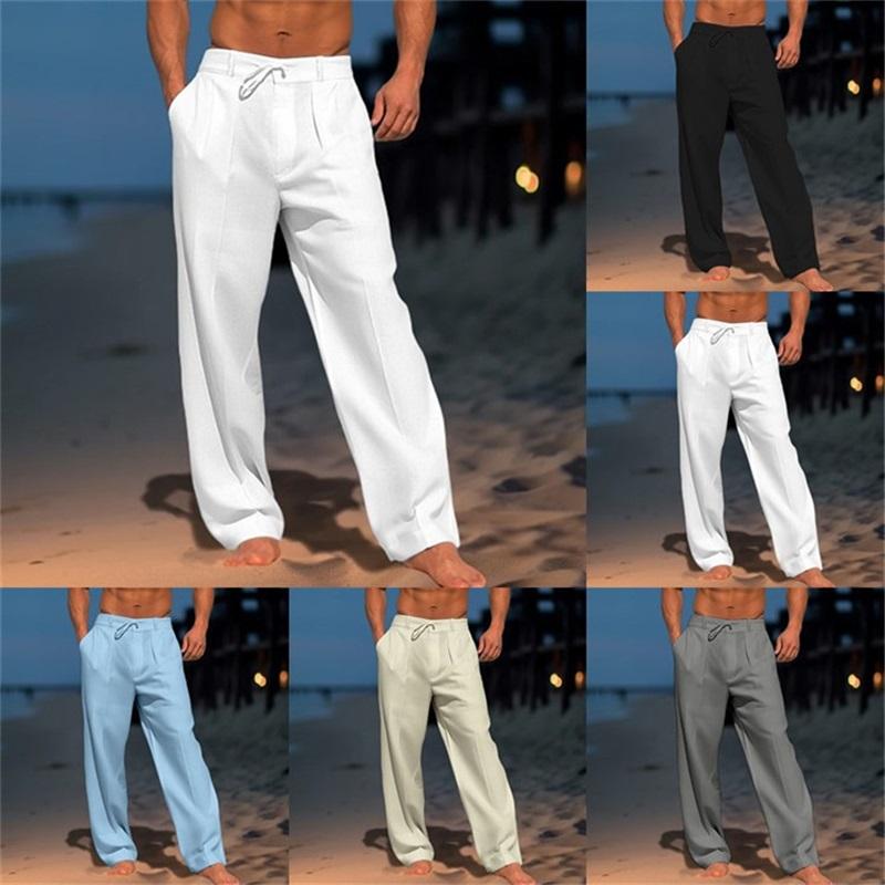 Men's Linen Trousers, Summer Beach Pants, Front Pocket, Solid Color, Breathable, Casual, Daily Vacation
