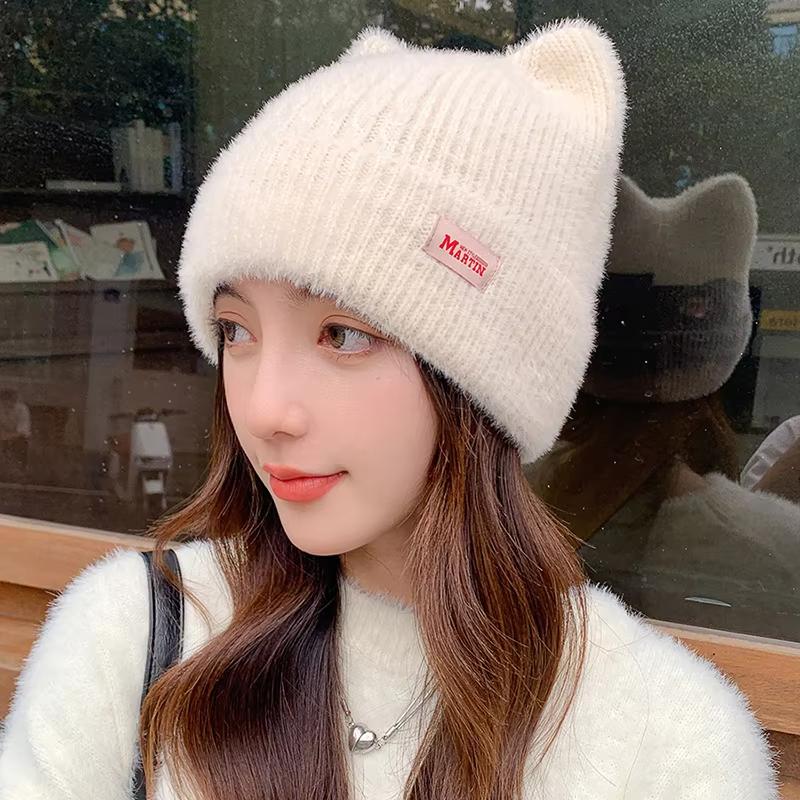Cat Ears Warm Plush Knitted Beanies for Women Love Heart Embroidery Ear Warmer Cap Solid Color Windproof Pullover Hat Bonnet