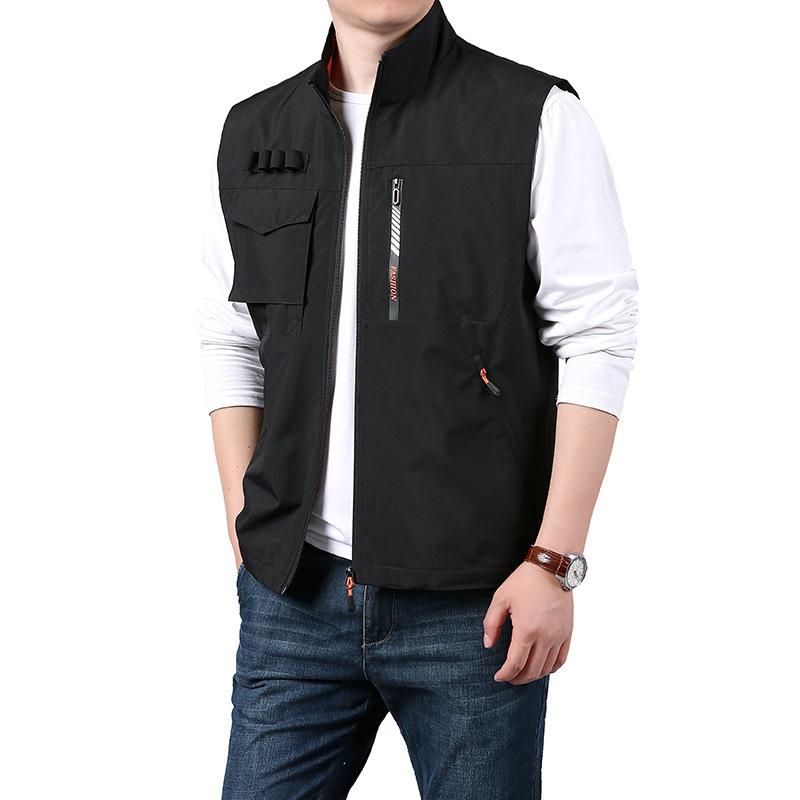 Fire sesonger Middelaldrende og eldre menns vest Tynn pappa Ermeløs ståkrage Flerlommers hurtigtørkende vest Stor størrelse vest