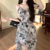 Irregular Royal Sister Feeling Pure Desire Wind Dress Women's Summer New French Long Dress Temperament Waist Floral Suspender Skirt