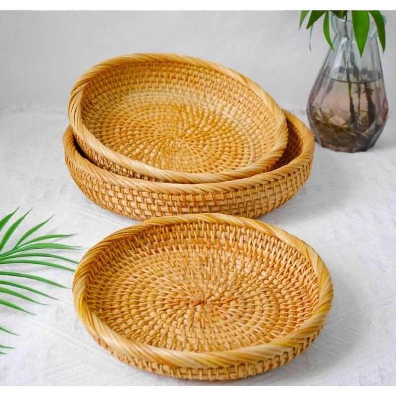 3PCS Storage Tray Multifunctional Woven Basket Handmade Kitchen Storage Box Tabletop Tray Suitable for Home Party Decoration
