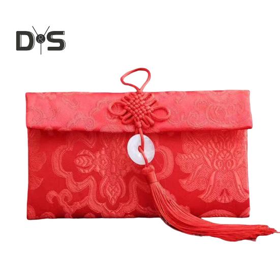 Plic roșu din mătase artificială Nuntă chinezească Buzunar roșu Lucky Money Hongbao Card Plic pentru numerar cu nod chinezesc pentru nunta la Festivalul de primăvară de Anul Nou
