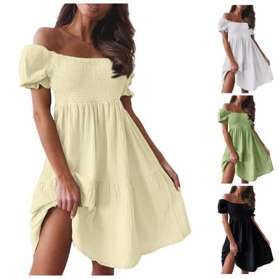 (Qunide) Summer Women's Short-sleeved One-shoulder Waist-skimming Ruffle Cuffs Solid Color Party Resort Dress