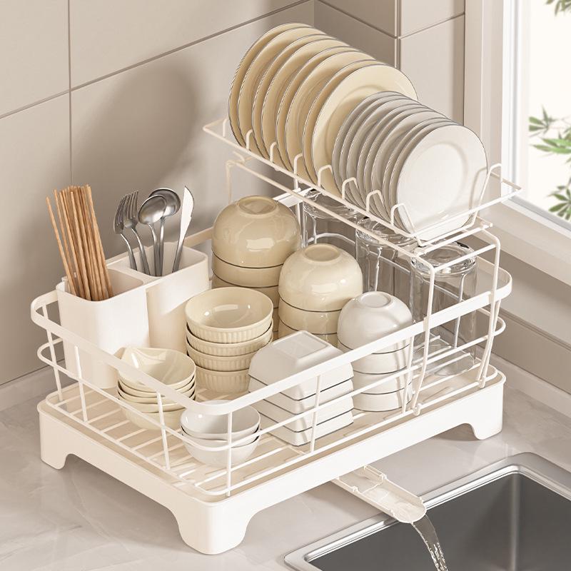 25th Anniversary Double-Layer Bowl & Plate Drying Rack with Draining Tray and Carbon Steel Varnish
