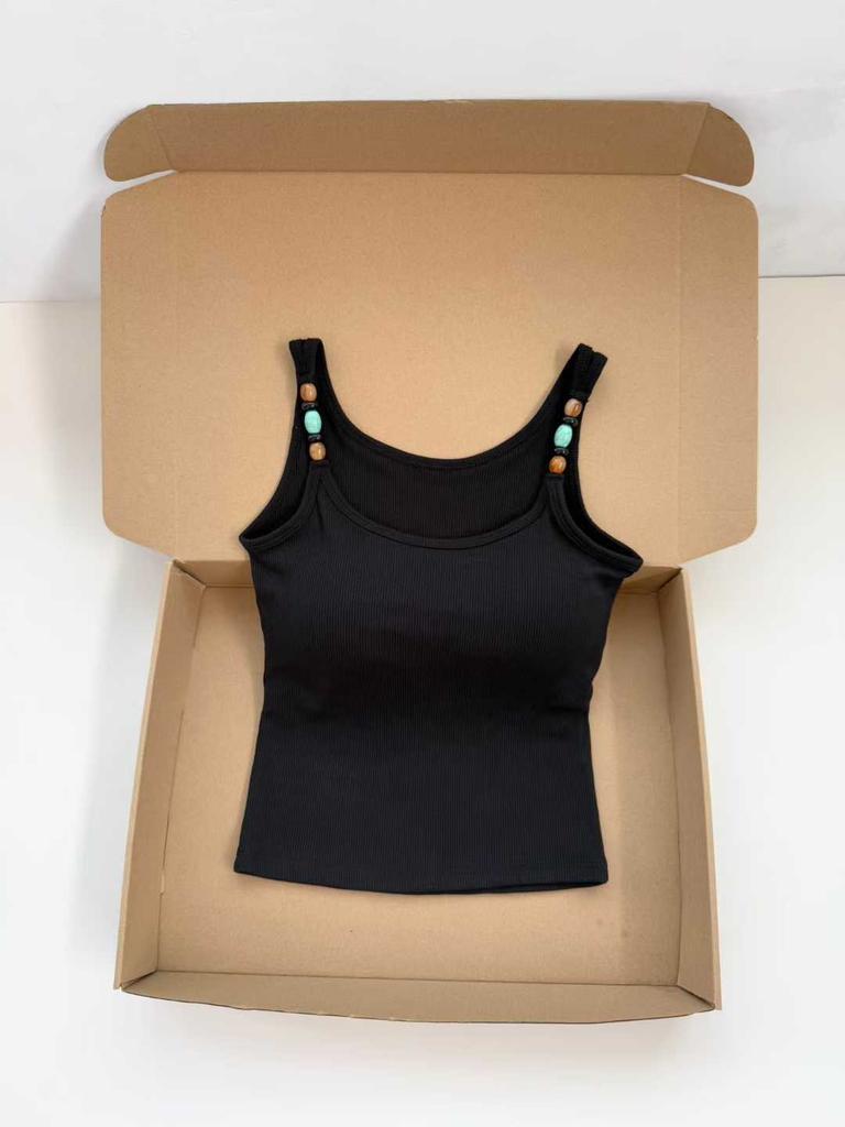 #Summer new sweet la beaded shoulder strap design sling vest slim fit all-match top with chest pad