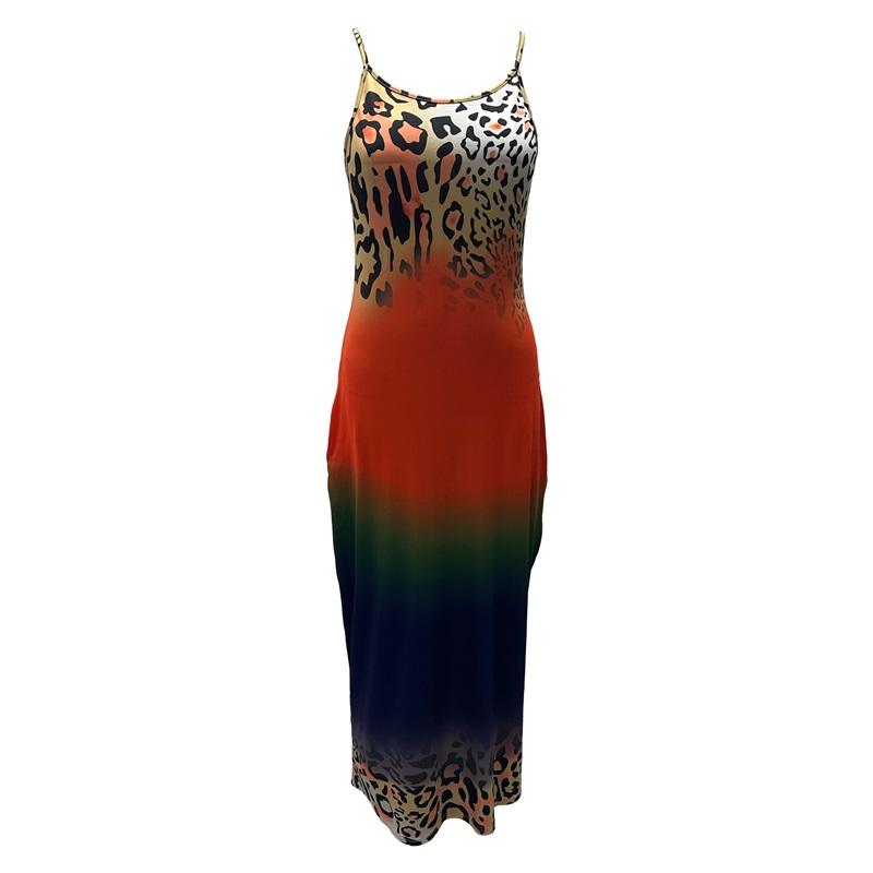 Women's Leopard Print Gradient Maxi Dress Sleeveless V Neck Casual Long Dress With Pockets
