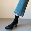 Cowhide~ short boots women's 2025 new leather high heels autumn and winter square head elastic socks boots thick heel French thin boots