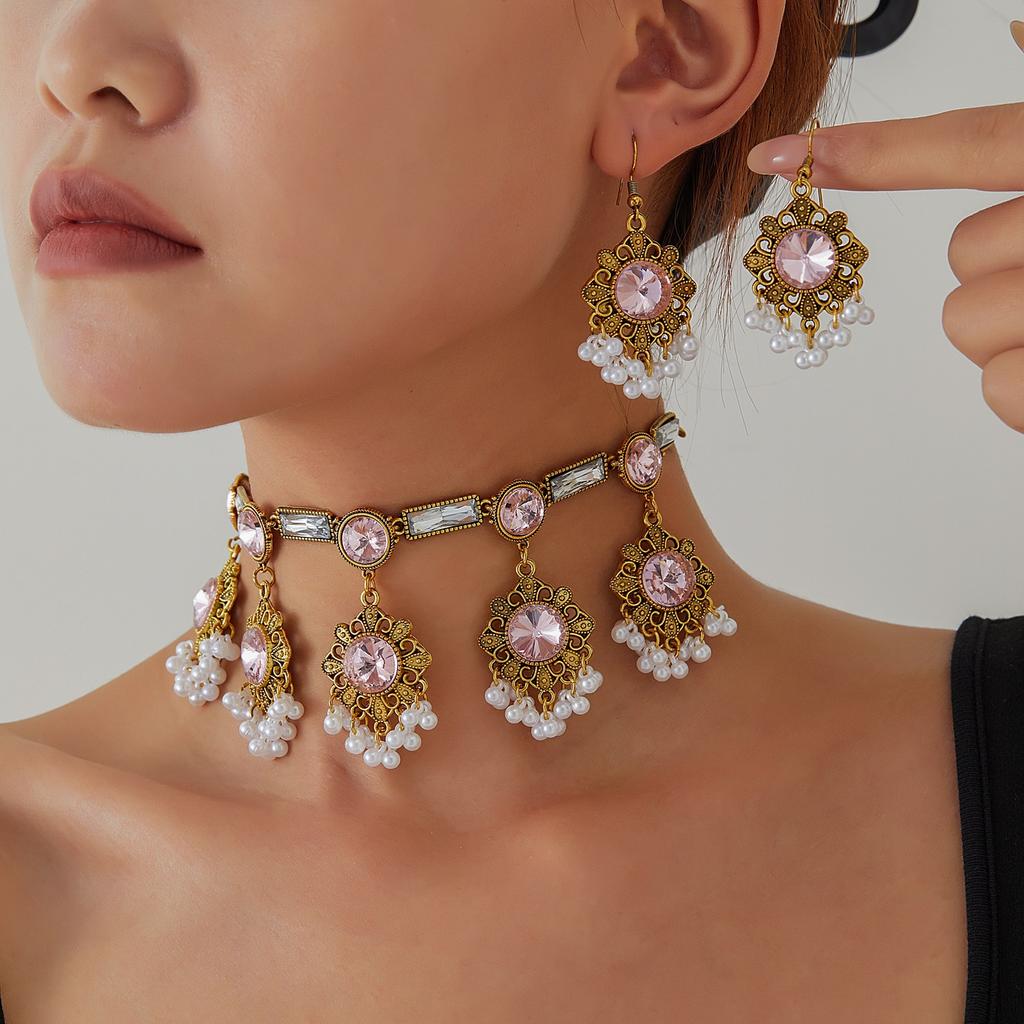 Bohemian Vintage Quasten Halsketten- und Ohrring-Set, Strassstein Ethnischer Stil Schmuck für Damen