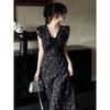 Black Lace Floral Dress Women's Spring Summer Vacation French Temperament Beautiful Oblique Cut Waist Pinch Long Dress Women's Clothing
