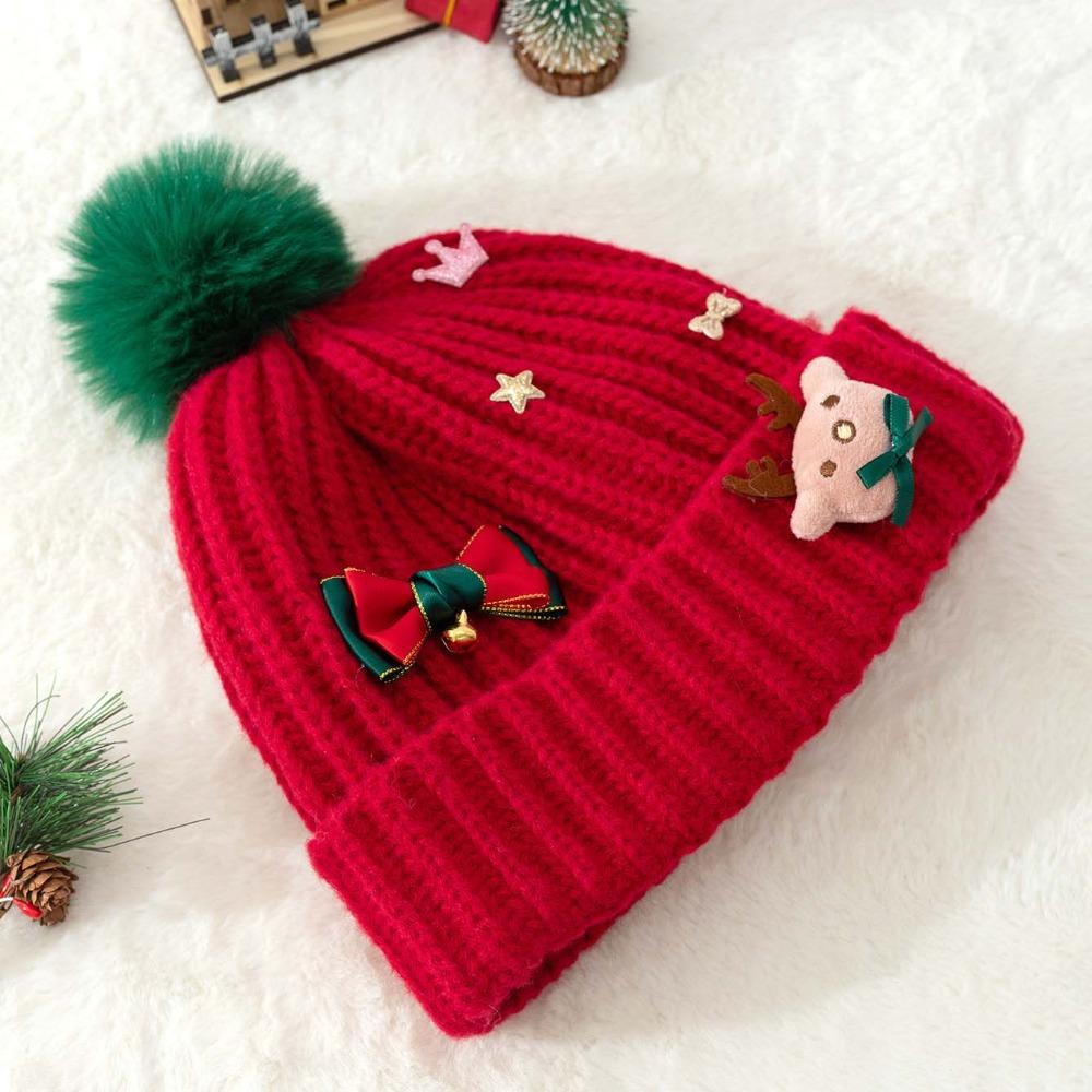 Bow Red Knitted Woolen Hat Soft Big Pullover Hat Versatile Christmas Plush Cap Outdoor