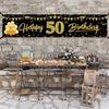 Happy 50th Birthday Banner Decorations, Black Gold 50 Birthday Sign Party Supplies for Men Women, Fifty Birthday Decor Photo Booth Props for Outdoor