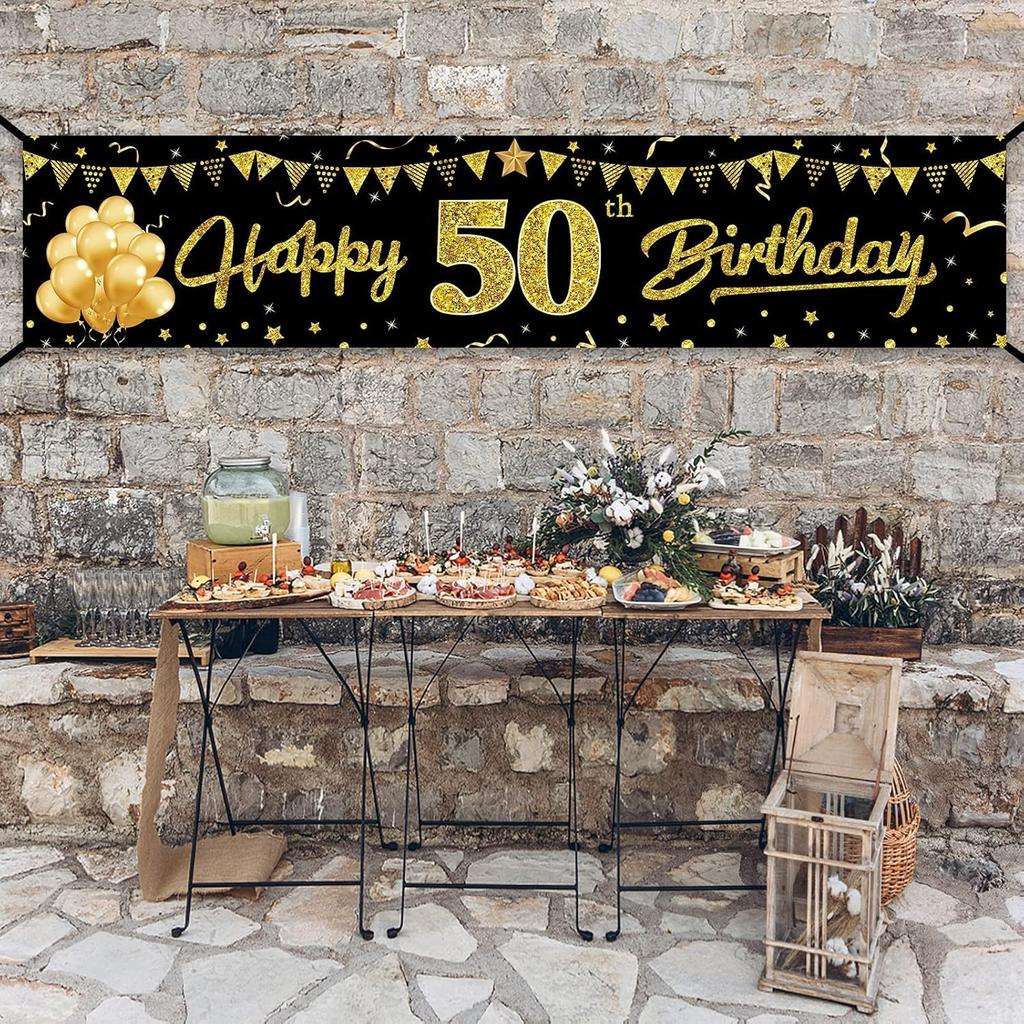 Happy 50th Birthday Banner Decorations, Black Gold 50 Birthday Sign Party Supplies for Men Women, Fifty Birthday Decor Photo Booth Props for Outdoor