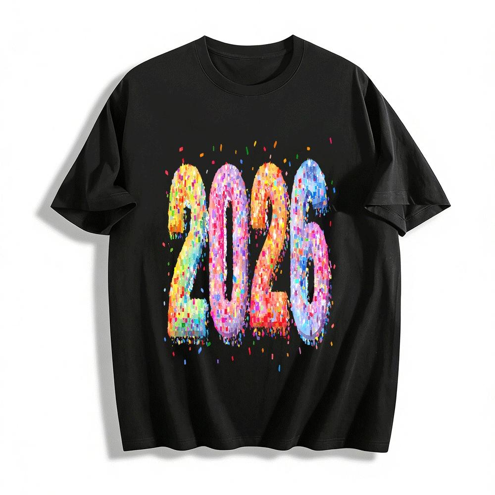 2026 New Year Themed Colorful Print Casual Loose Unisex T-Shirt Pure cotton T-shirt XXS