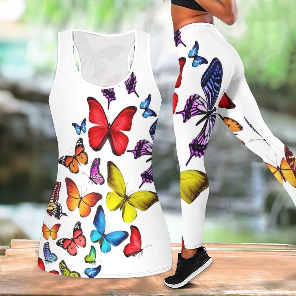 Butterfly Print Yoga Outfit for Women Fashion Workout Leggings Fitness Sports Casual Yoga Set Sports Suit