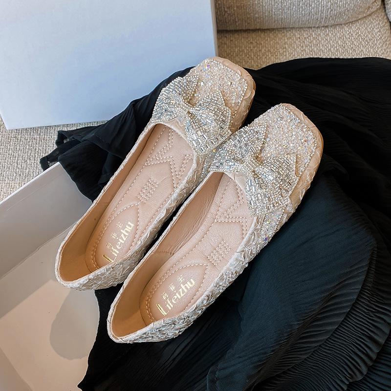 New Flats Shoes for Women Spring Summer Beautiful Crystal Bowknot Slip-on Silk Loafers Girl Comfortable Boat Shoes 35-43