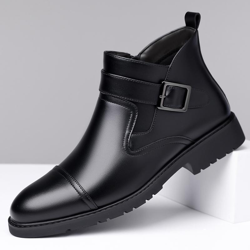 Fashion Casual Leather Male Chelsea Boots Business Mens Botas Comfortable High Top Shoes Fashionable Metal Buckle Ankle Boots Sneakers